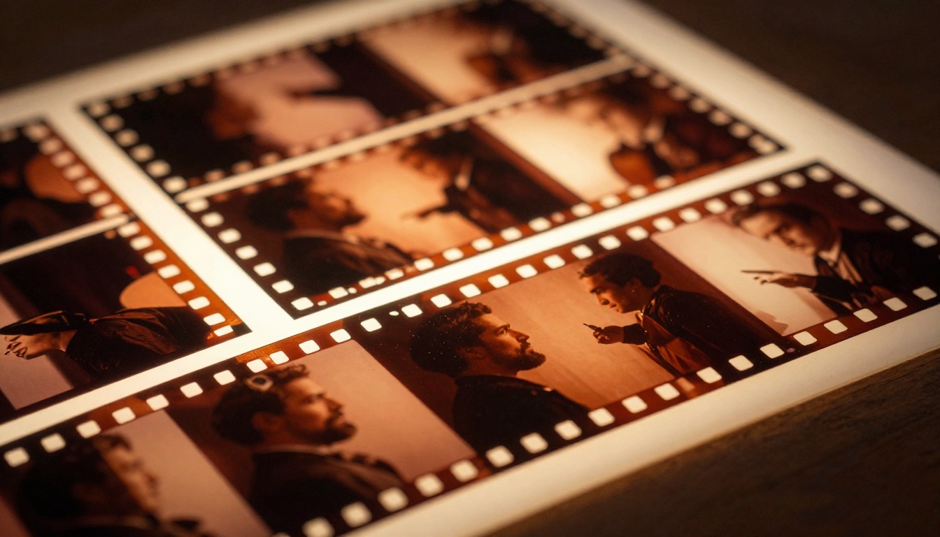 Close-up macro shot of 35mm film strips on a warm amber light box showing individual cinematic frames and sprocket holes