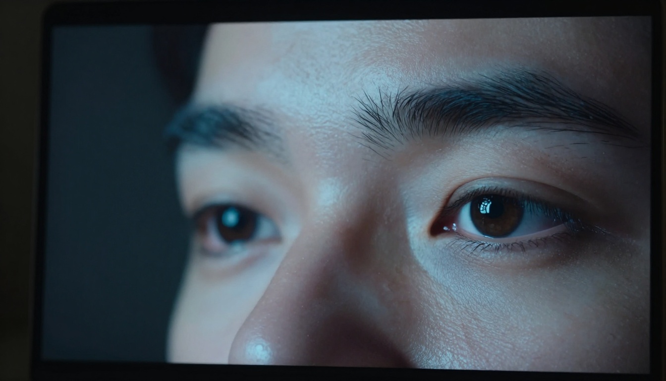 A creator watching video content intensely on a laptop screen, screen glow illuminating facial texture detail A creator watching video content intensely on a laptop screen, screen glow illuminating facial texture detail