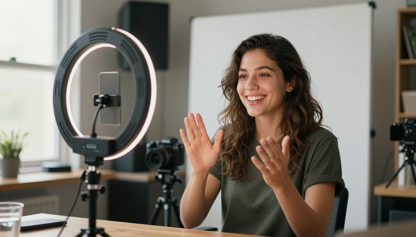 A smiling content creator recording a video tutorial with a ring light in a minimalist home studio setup