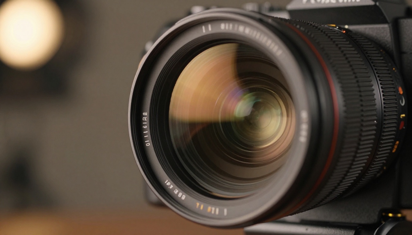 Dramatic low-angle close-up of a professional cinema camera lens with specular highlights and a studio reflected in the glass element