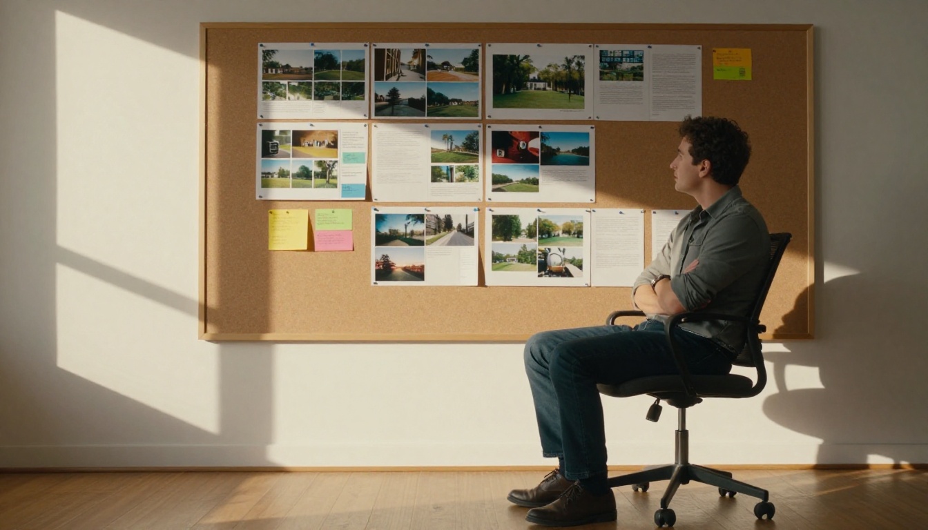 A video creator reviewing a corkboard of printed frame sequences and color-coded production notes in warm afternoon light A video creator reviewing a corkboard of printed frame sequences and color-coded production notes in warm afternoon light