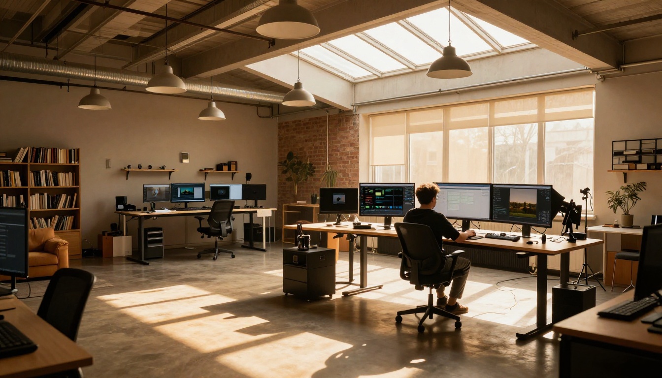 Wide-angle view of a creator's golden-hour studio with multiple screens showing a video generation interface Wide-angle view of a creator's golden-hour studio with multiple screens showing a video generation interface