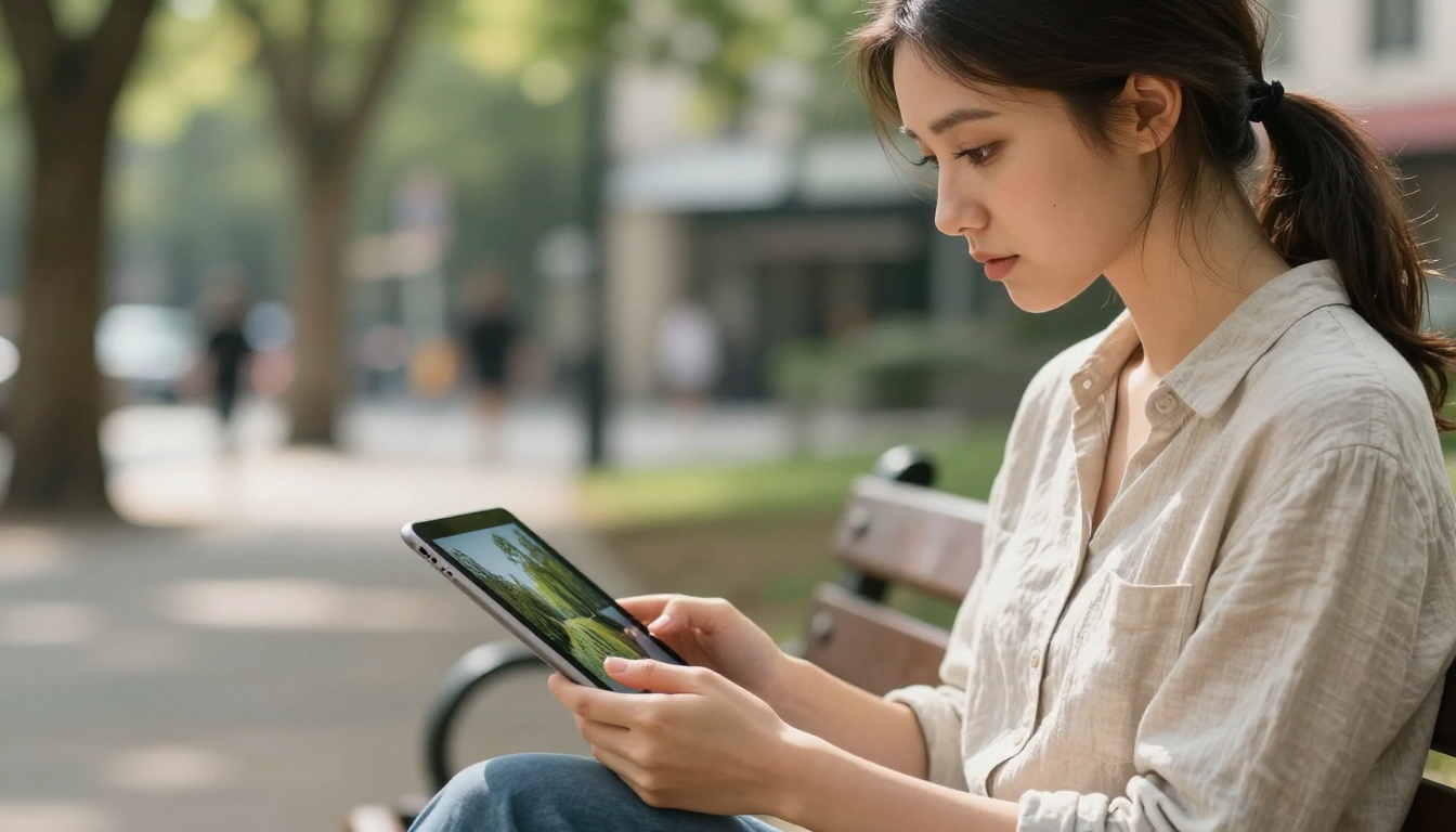 Woman examining AI-generated images on a professional tablet outdoors
