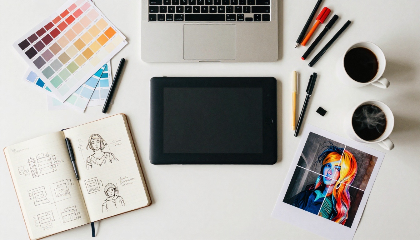 Aerial top-down view of creative design workspace with color swatches and art prints