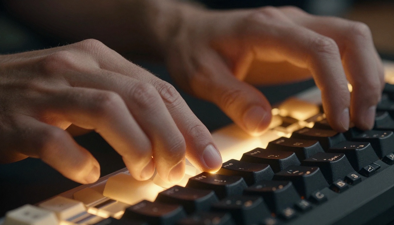 Extreme close-up of hands typing on illuminated mechanical keyboard