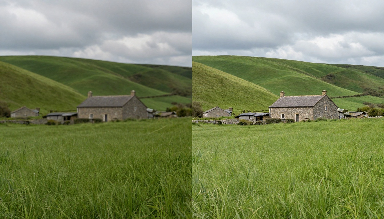 Before and after comparison showing dramatic image quality improvement with AI upscaling