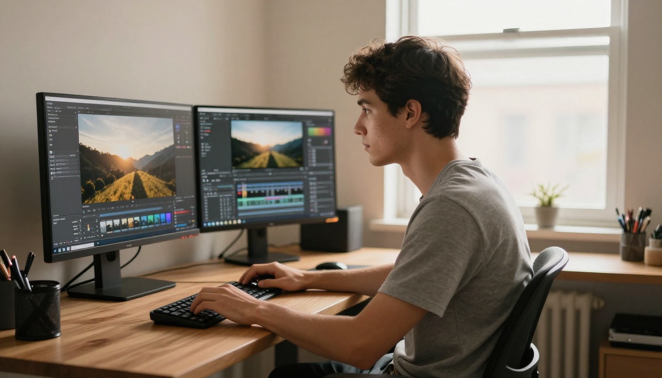 Man working at a standing desk with dual monitors showing photo editing software Man working at a standing desk with dual monitors showing photo editing software