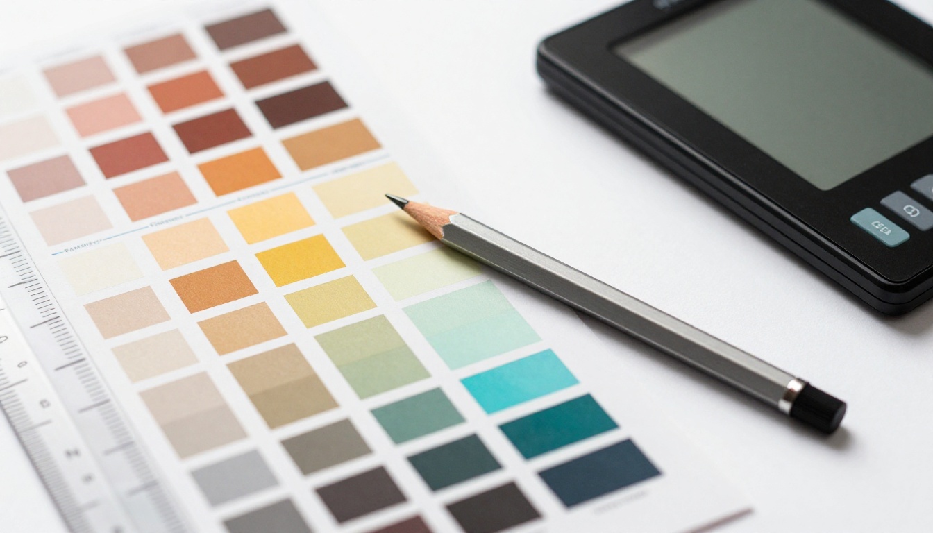 Professional Pantone color swatches and design tools arranged on white surface Professional Pantone color swatches and design tools arranged on white surface
