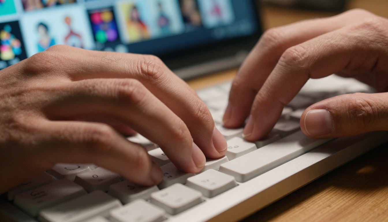 Creative professional typing a detailed AI image prompt on a mechanical keyboard