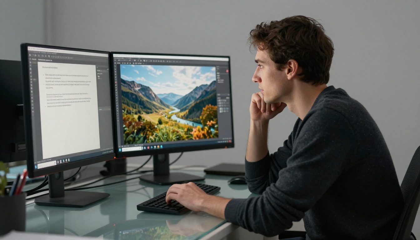 Professional creative studying AI-generated output on dual monitors showing prompt and result