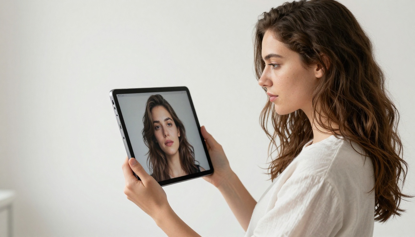 Young professional woman in studio reviewing AI-generated portrait on tablet with focused expression