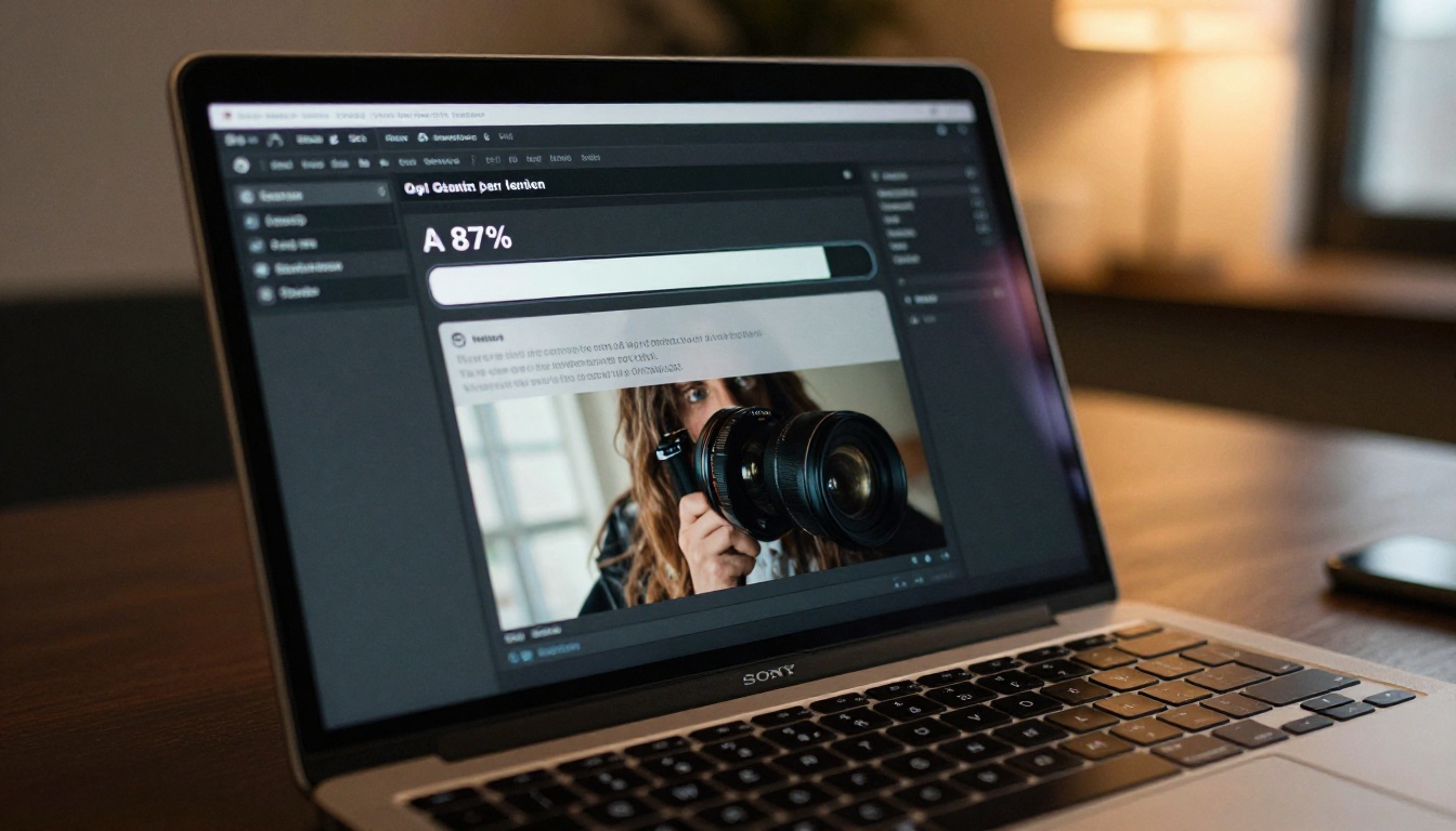 Modern laptop screen showing AI image generation interface at 87% progress with prompt text visible