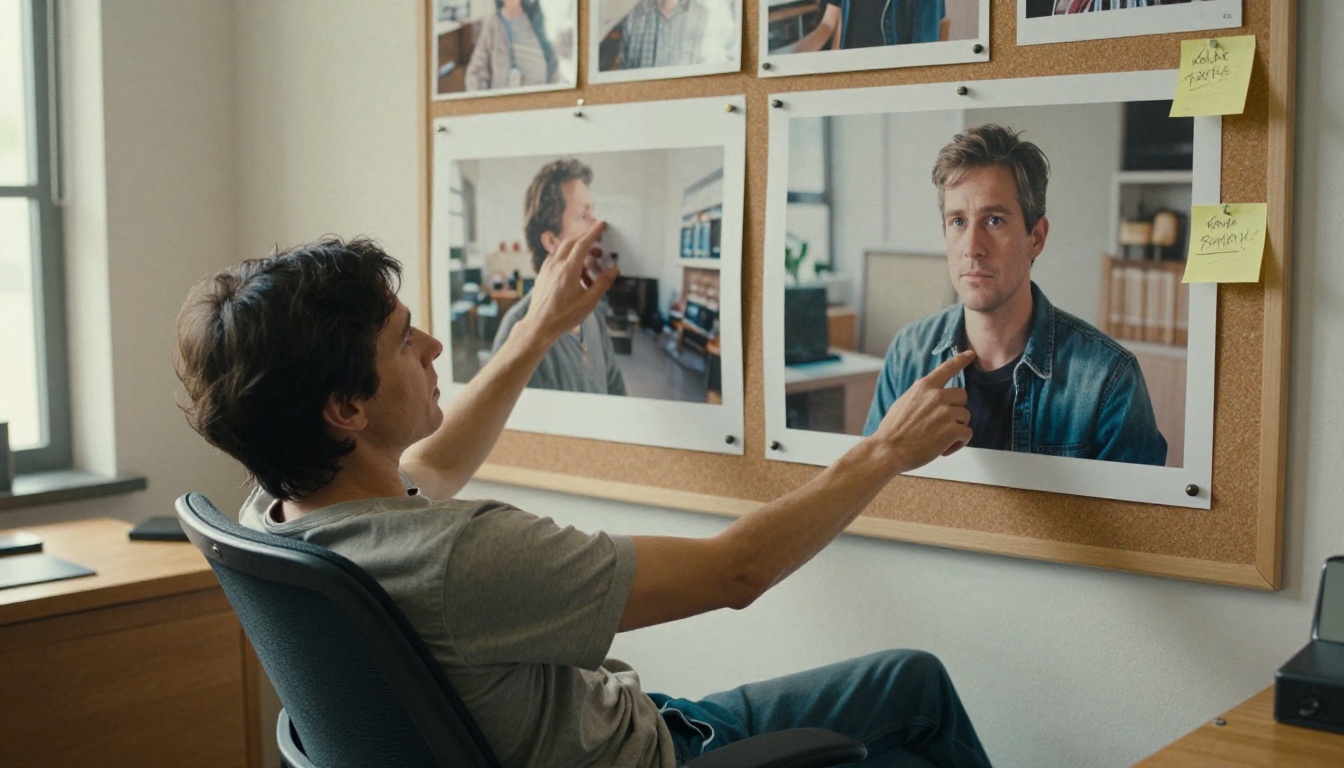 Graphic designer leaning back comparing two printed photographs pinned on corkboard for quality analysis