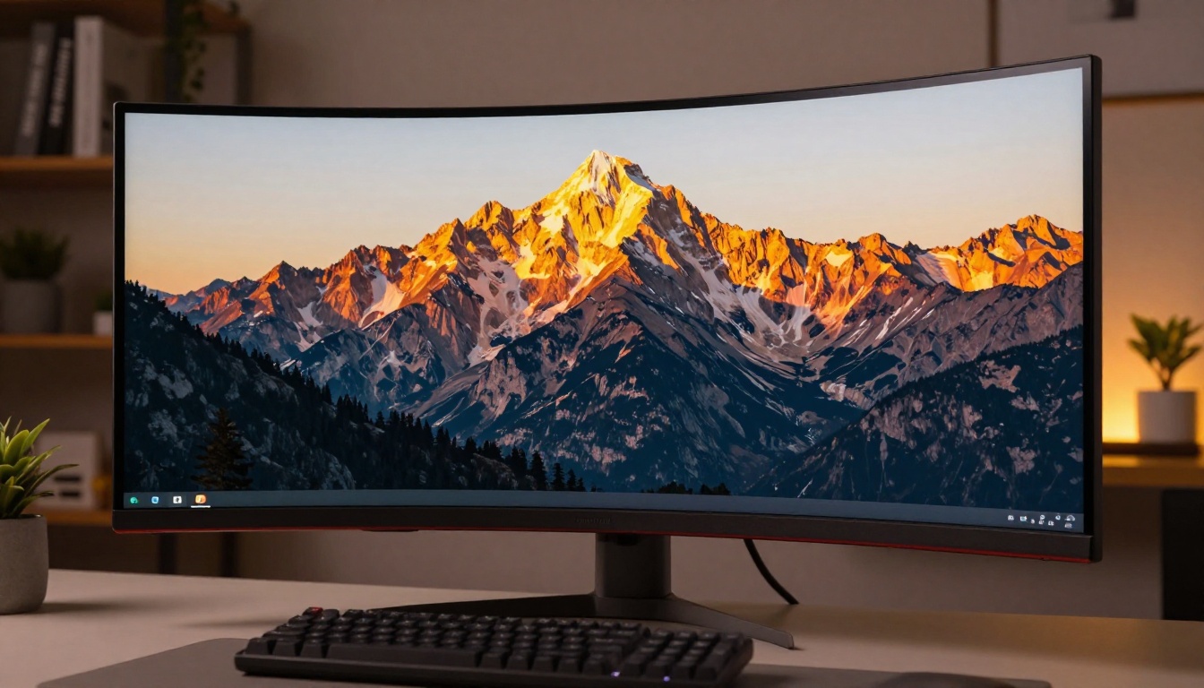 Low angle dramatic view of ultrawide monitor displaying vivid AI-generated mountain landscape at golden hour