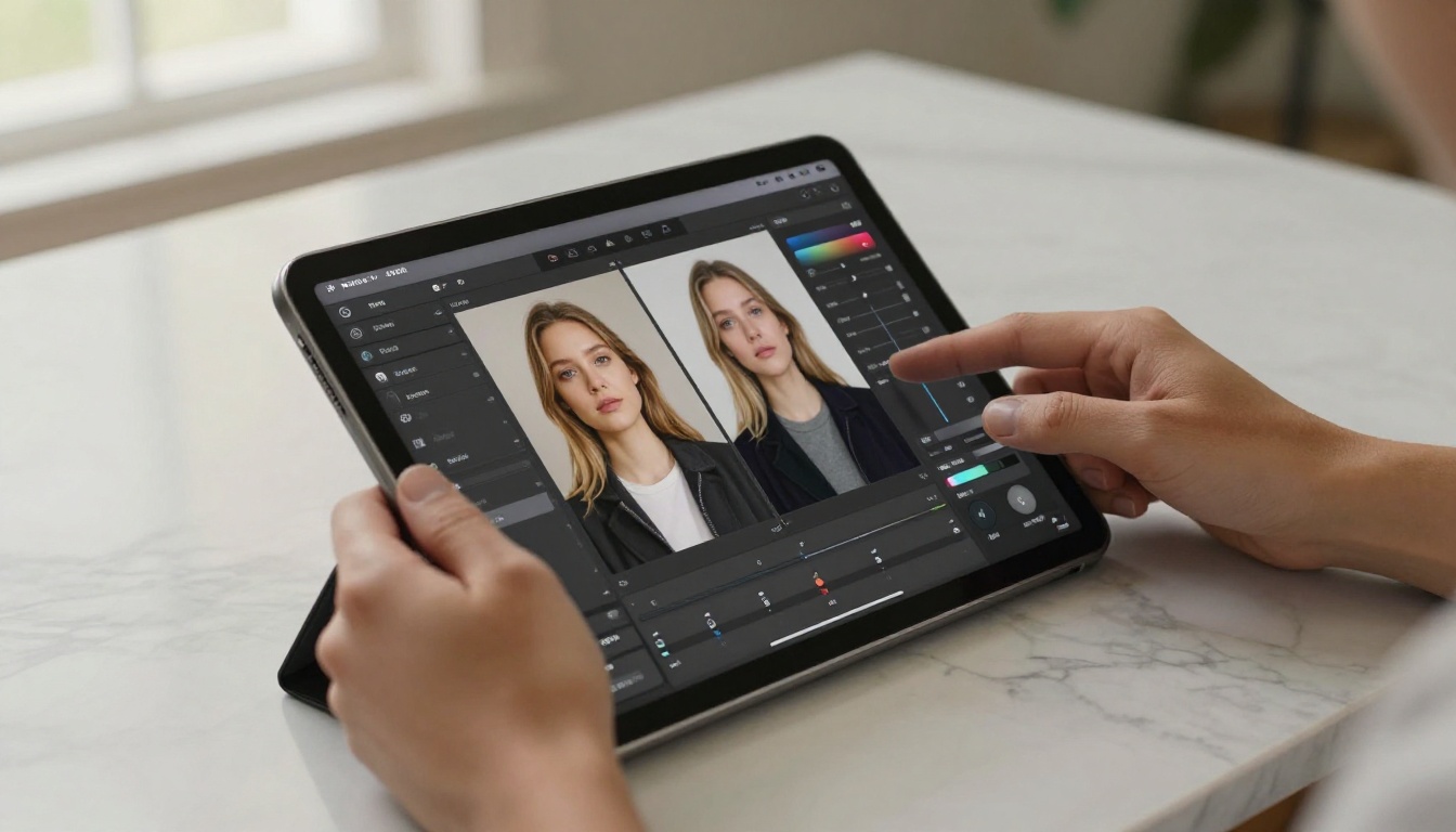 Creative professional's hands adjusting AI image editing sliders on marble-surface tablet in soft window light