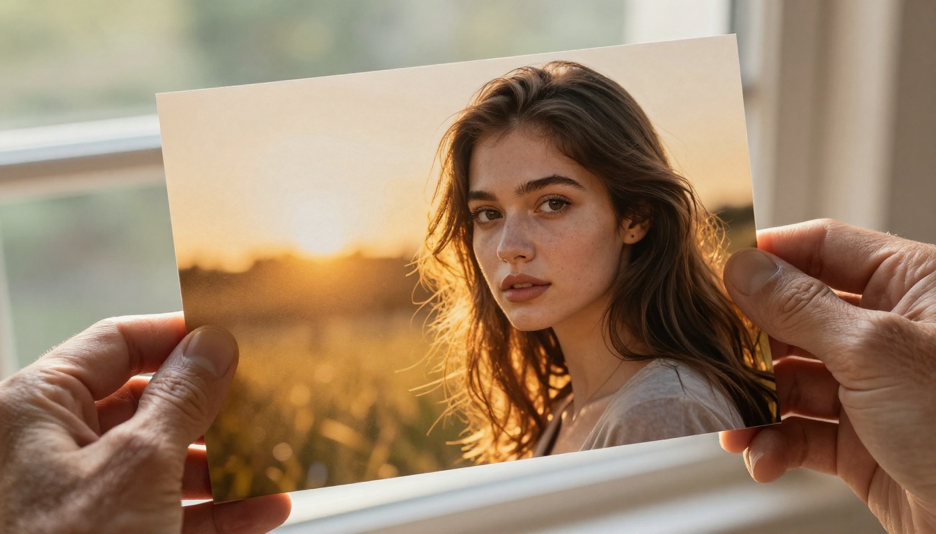 High-resolution AI-generated portrait print held against window backlight showing fine paper texture and color depth