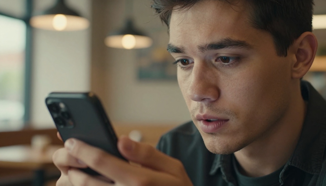 Young man checking AI chat on smartphone at coffee shop