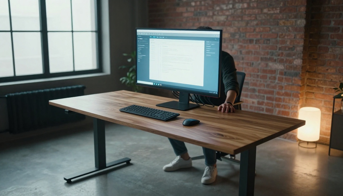Low-angle view of standing desk with AI monitor above