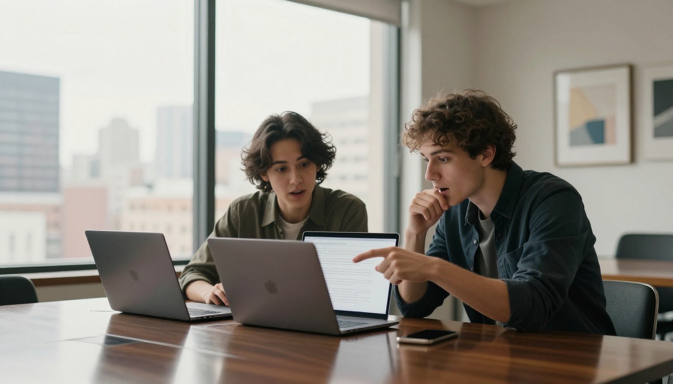 Two young professionals collaborating over a laptop at conference table