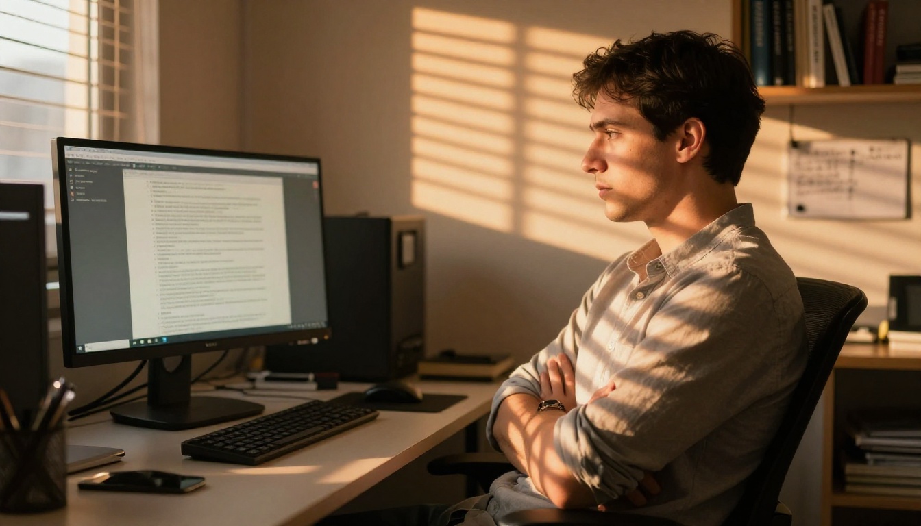 Thoughtful man reviewing AI reasoning output in ergonomic office chair