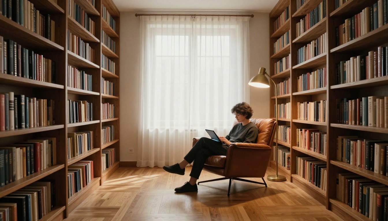 Home library scene with person reading on tablet in leather armchair