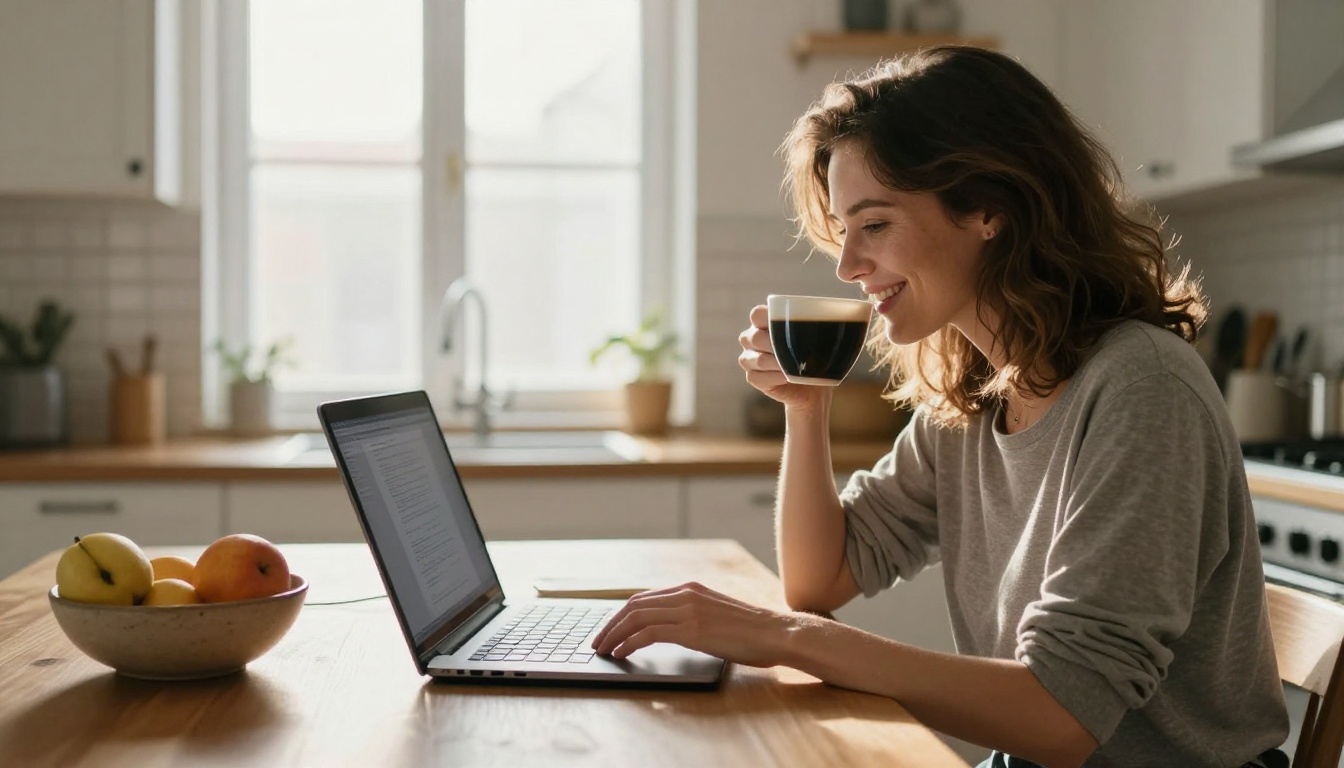 Woman smiling while using laptop in bright Scandinavian morning kitchen