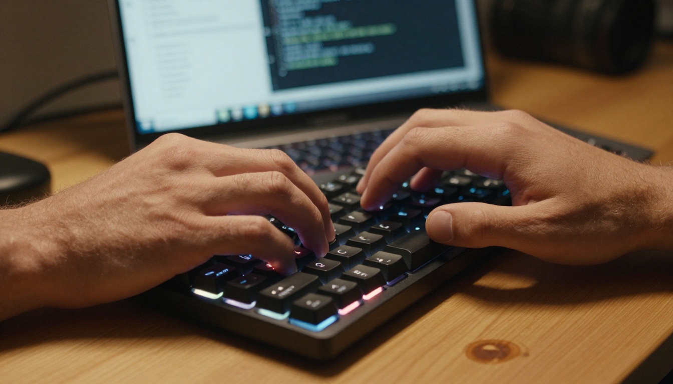 Close-up of hands typing on a mechanical keyboard with code on screen in the background