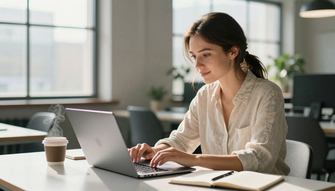 Young woman reading at a laptop in a co-working space with morning light streaming through large windows