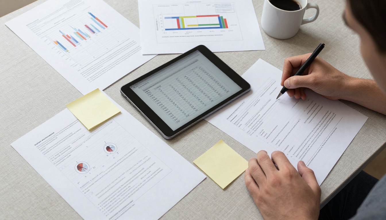 Aerial overhead flat lay of comparison documents, charts, and sticky notes on a grey linen desk surface