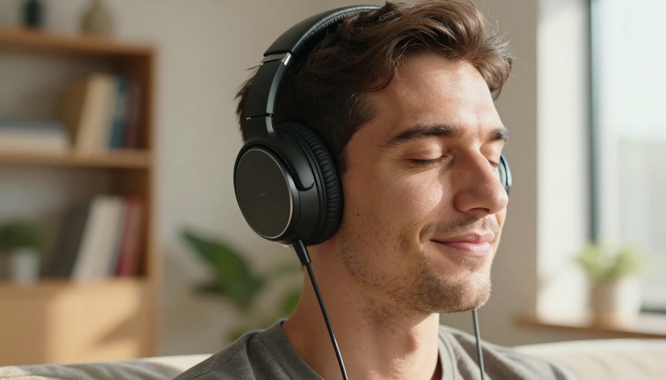 Man in premium over-ear headphones listening to audio with eyes closed in a warm sunlit living room