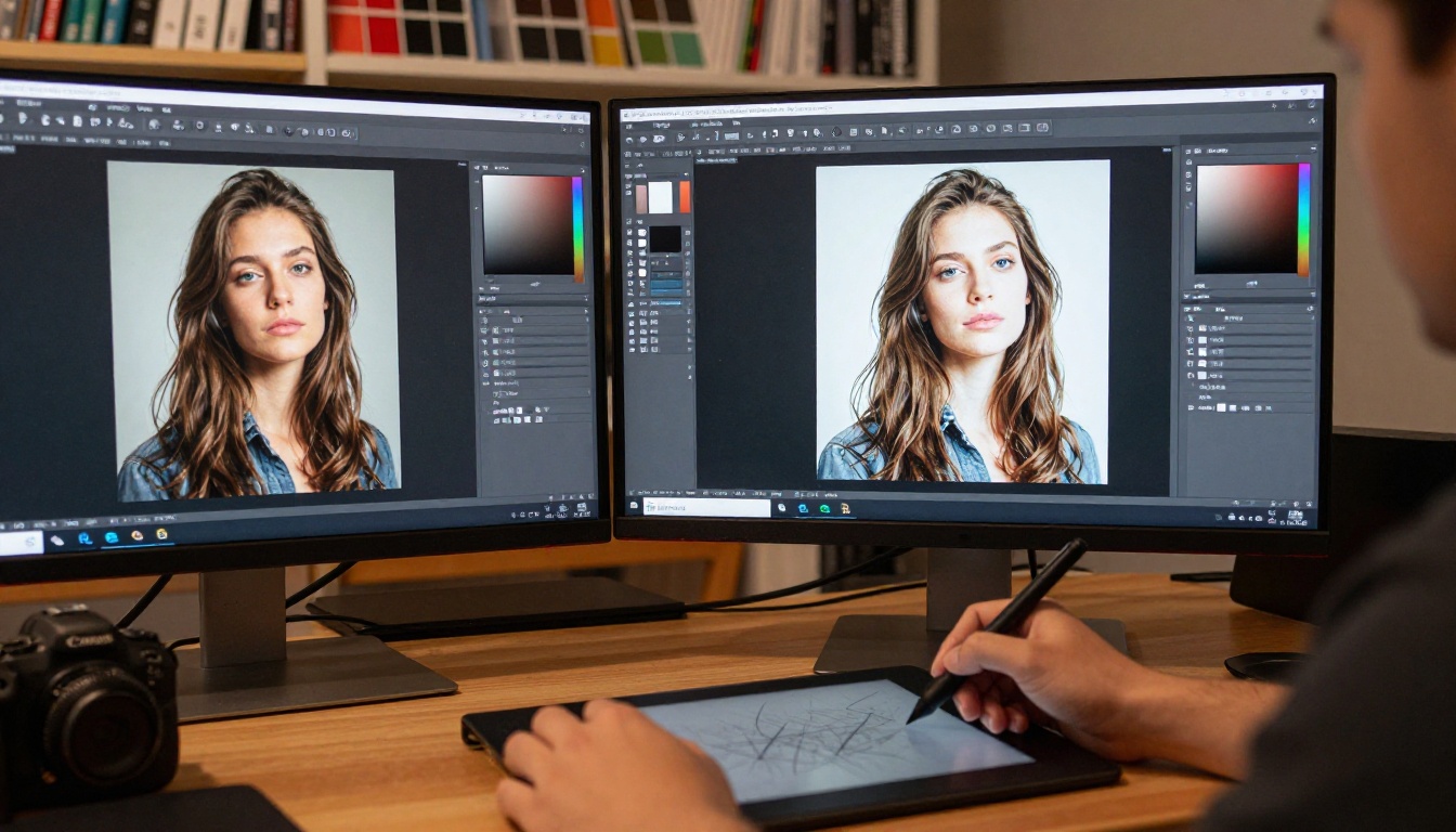 Creative designer at a dual-monitor setup with AI image generation interface visible on one screen