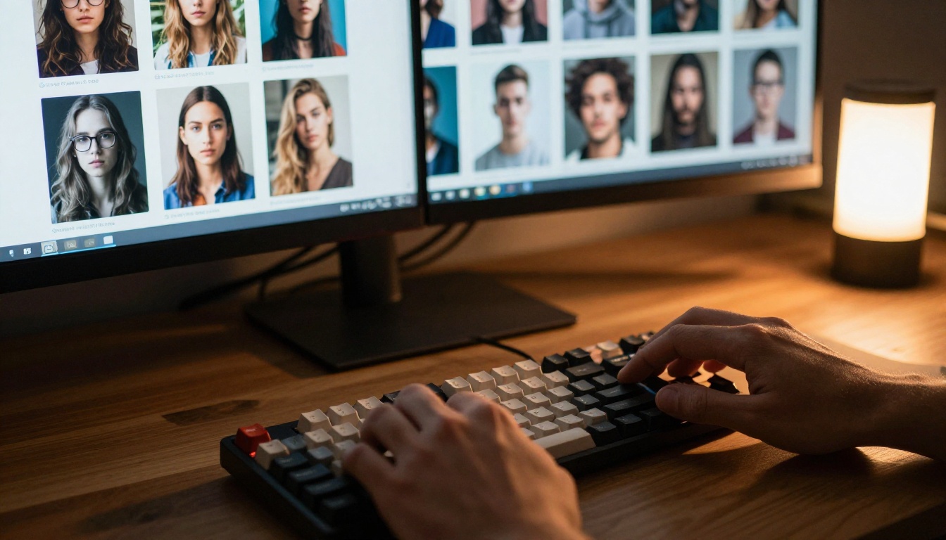 A graphic designer comparing AI-generated images on dual monitors at a professional workstation