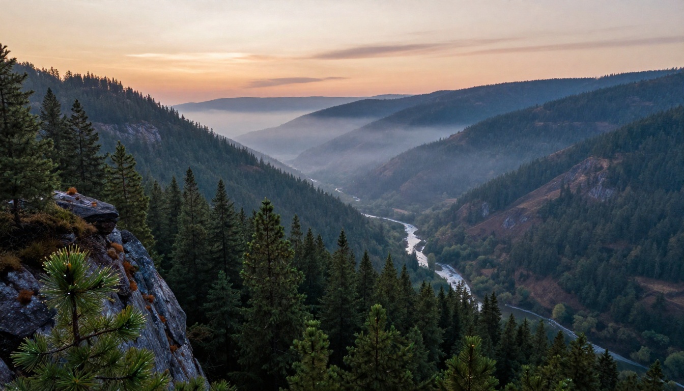 Sweeping aerial view of a misty mountain valley at golden hour with layered atmospheric haze Sweeping aerial view of a misty mountain valley at golden hour with layered atmospheric haze