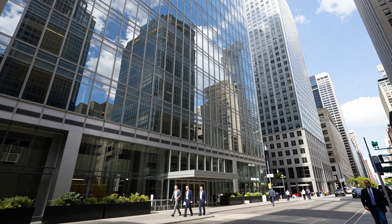 Street-level perspective looking up at glass skyscrapers in a downtown financial district Street-level perspective looking up at glass skyscrapers in a downtown financial district