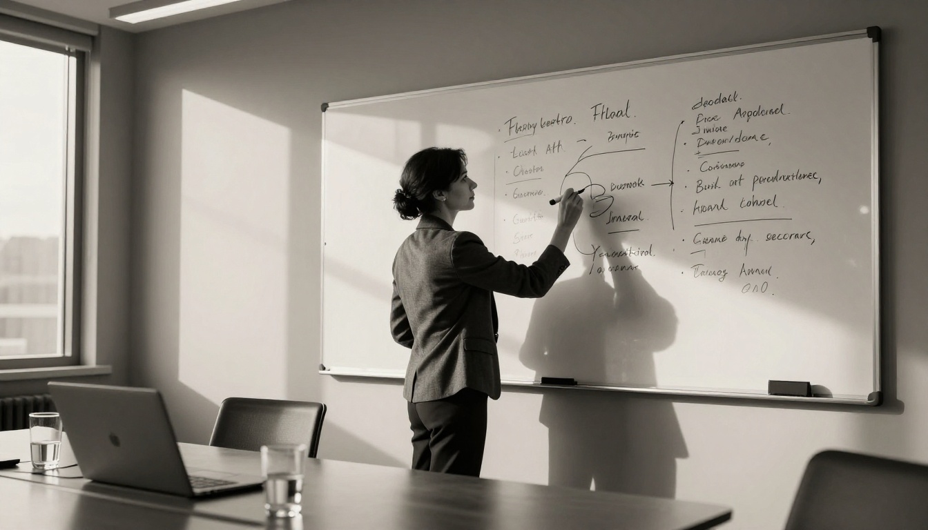 Businesswoman writing structured notes on a whiteboard in a modern conference room with natural daylight