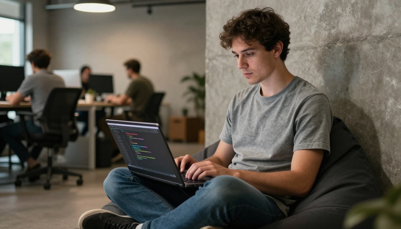 Developer sitting on a bean bag with laptop in a casual startup office with exposed concrete walls