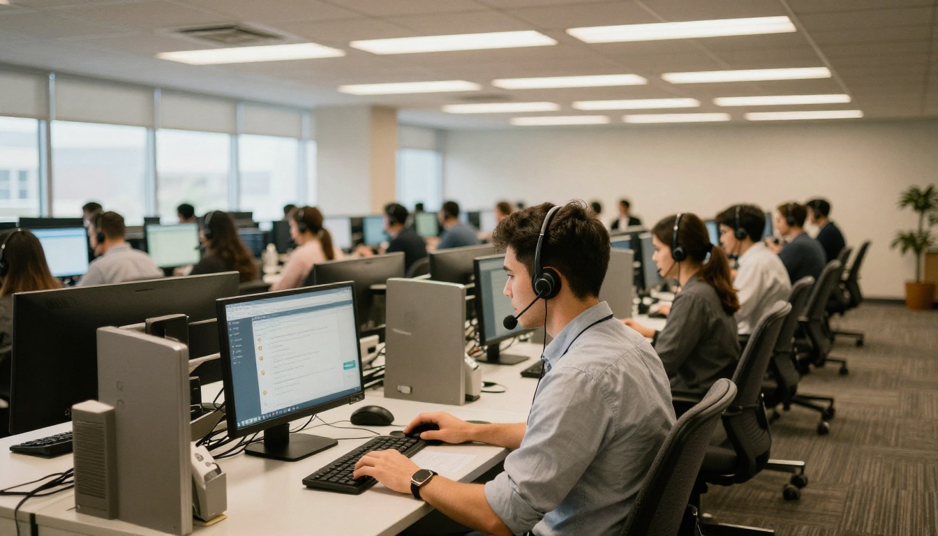 Modern customer service center with rows of workstations and agents wearing headsets with visible screens