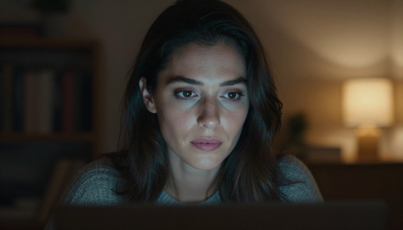 Woman's face illuminated by laptop screen in a dimly lit home office at night, cinematic split lighting