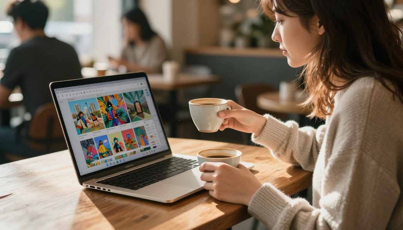 Young woman using a laptop at a sunlit cafe, screen showing an AI image generation interface Young woman using a laptop at a sunlit cafe, screen showing an AI image generation interface