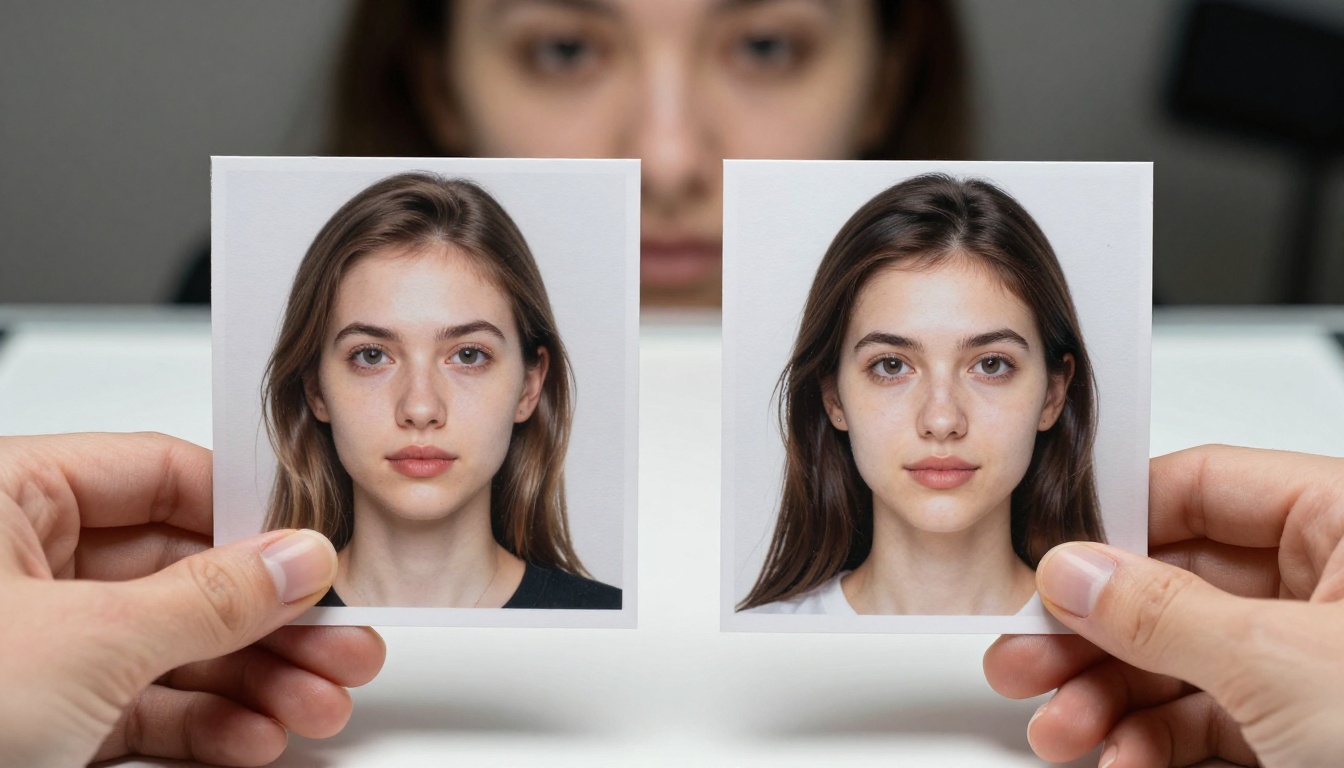 Two people comparing printed AI-generated photographs on a professional light table
