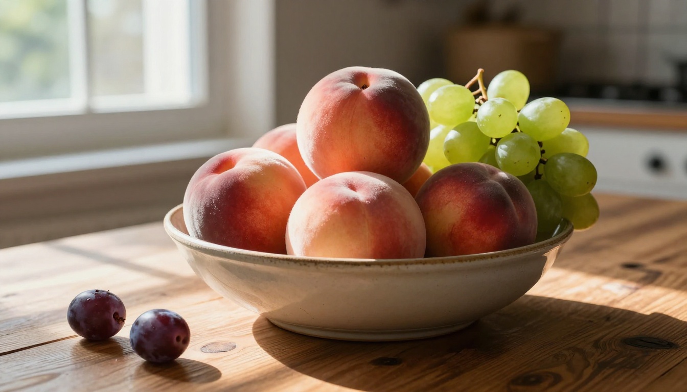 A photorealistic AI-generated still life of fresh fruit on a rustic kitchen table with natural window light