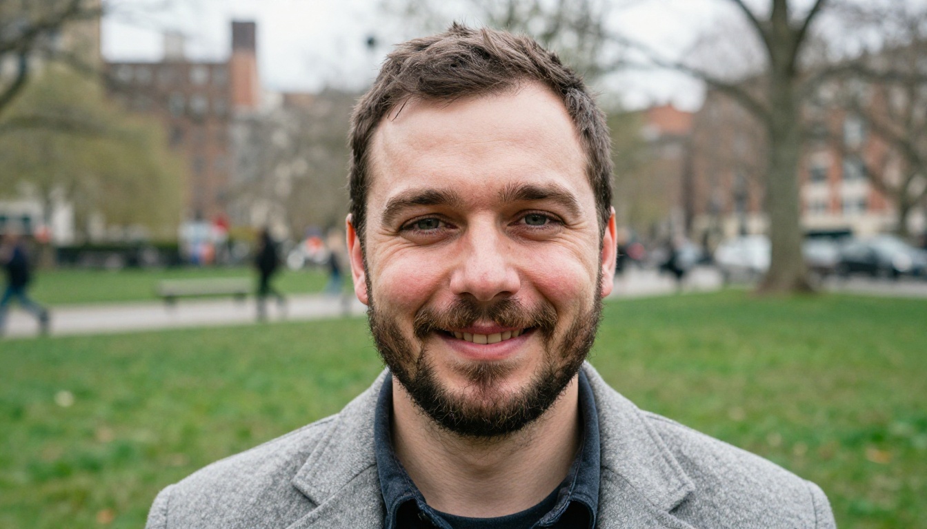 Confident bearded man laughing naturally outdoors in a city park, environmental portrait photography