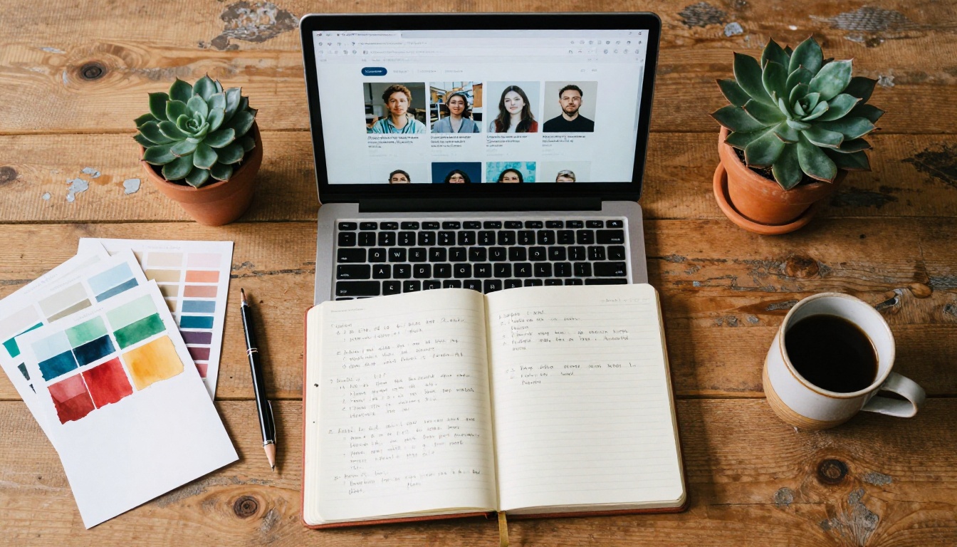 Overhead flat-lay of a creative professional's desk with a laptop, notebook, and coffee Overhead flat-lay of a creative professional's desk with a laptop, notebook, and coffee