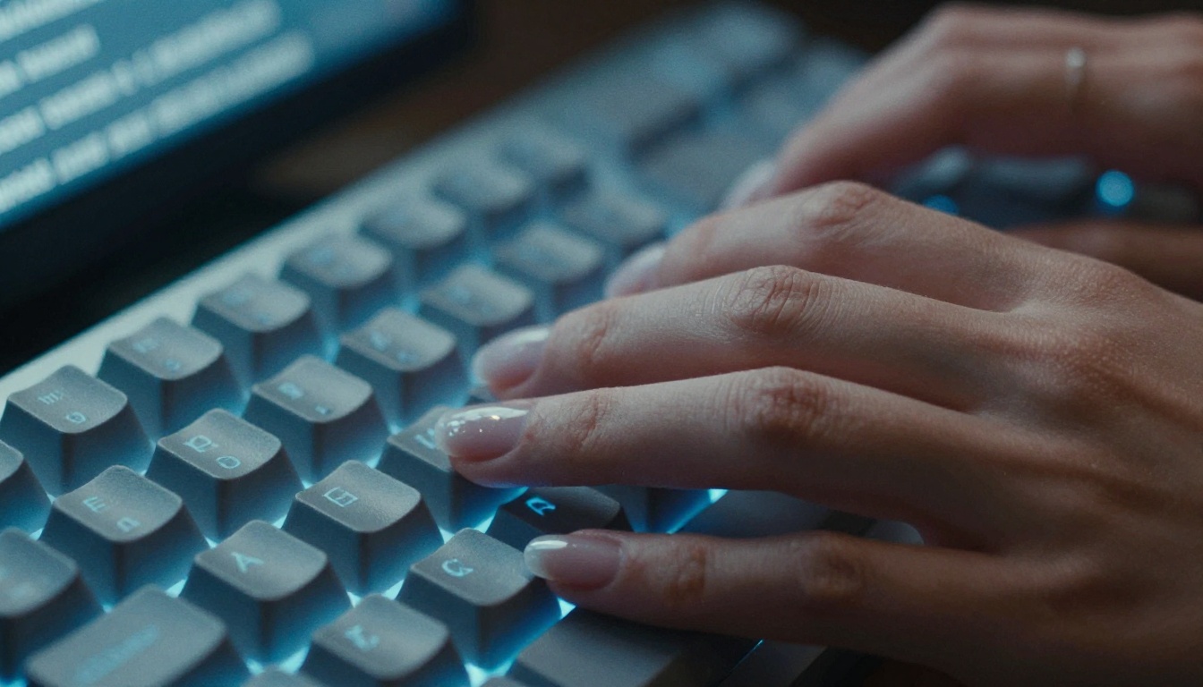 Professional typing with AI response interface visible on screen