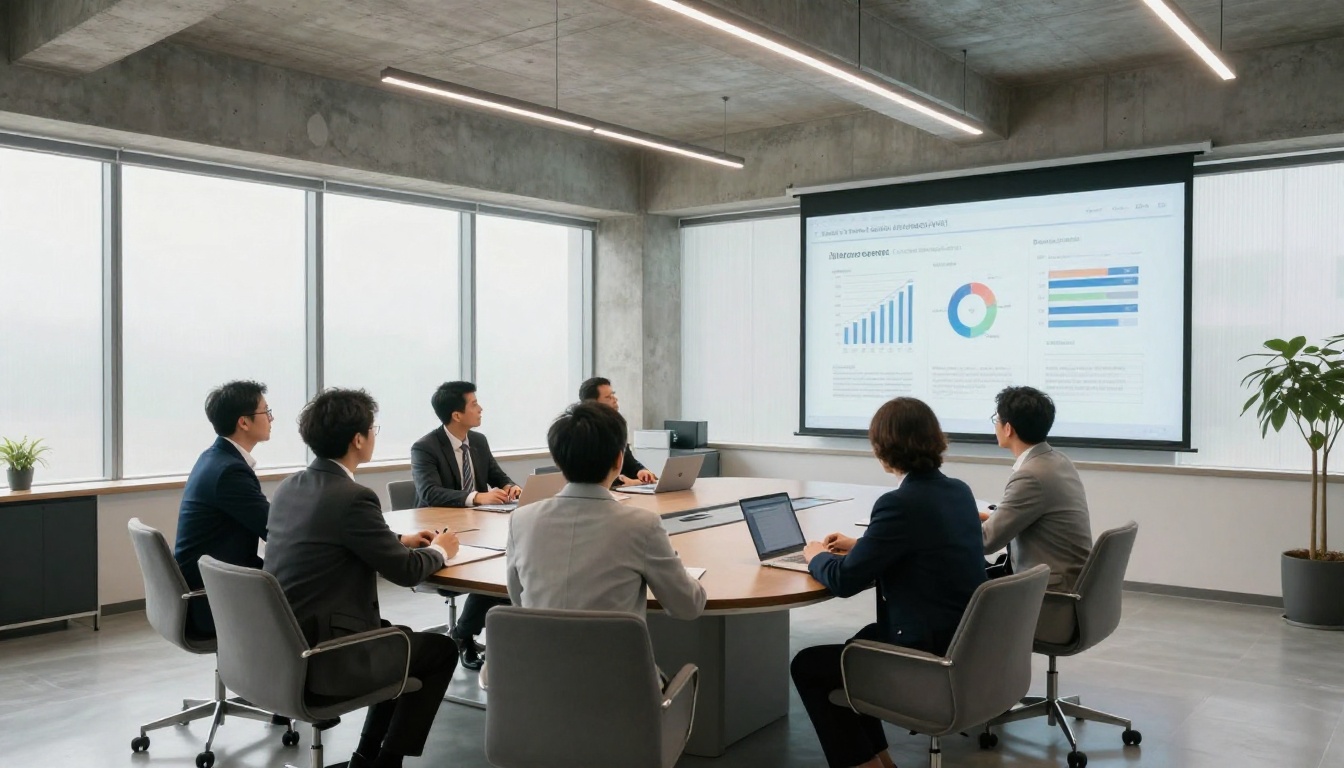 Business professionals analyzing documents in a modern conference room