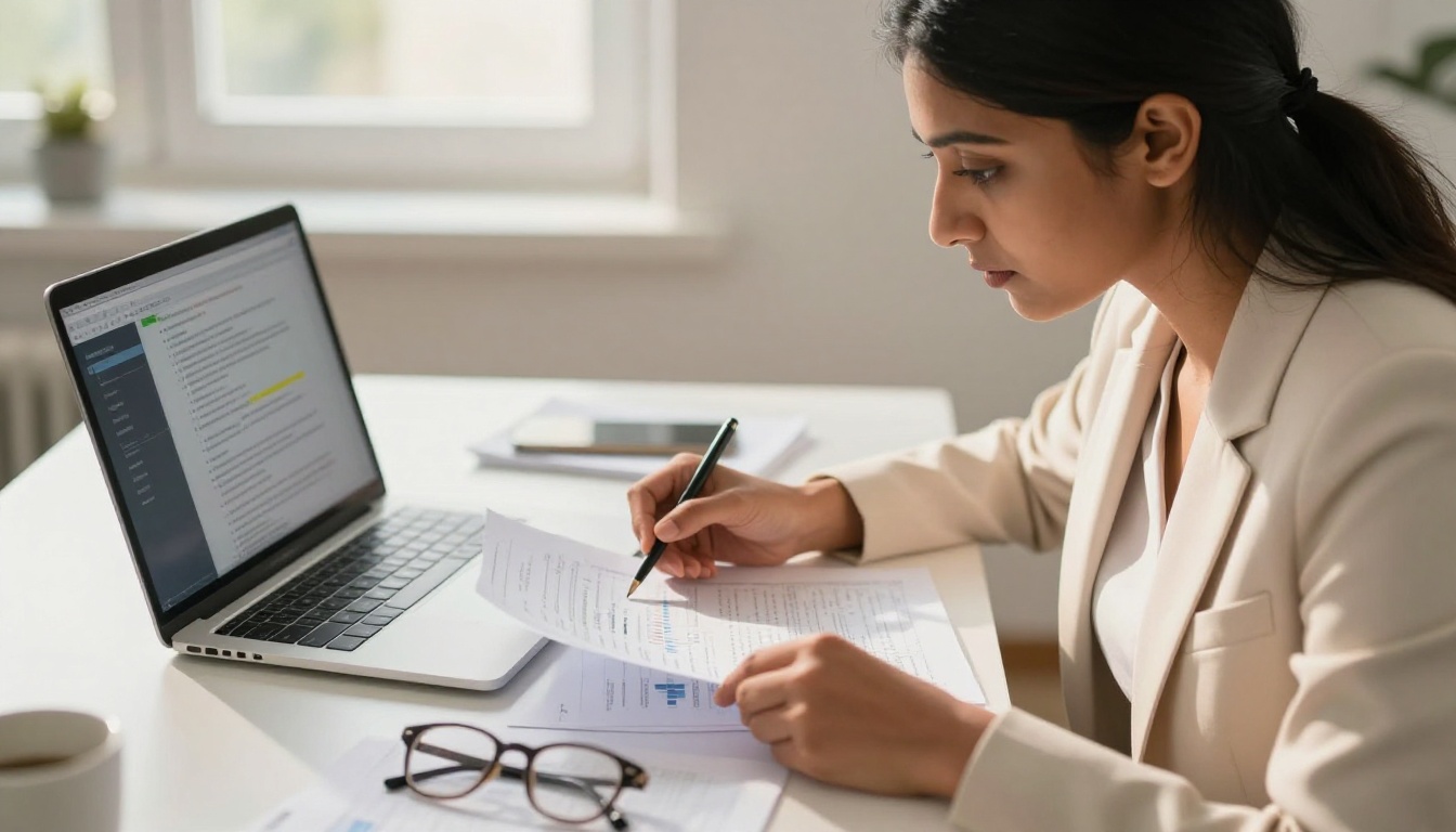Businesswoman analyzing AI-generated research summaries at her desk