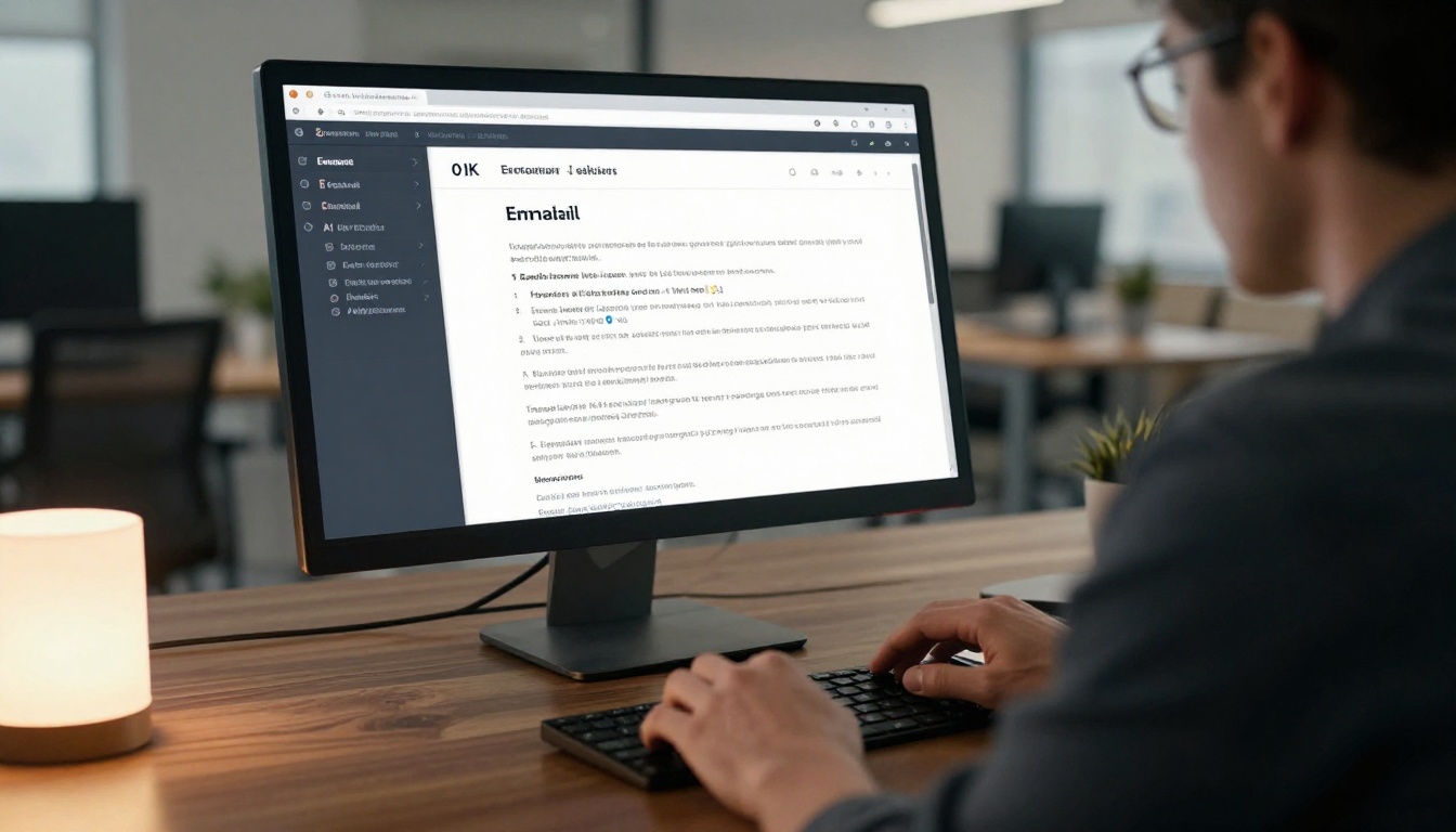 Professional composing emails with AI suggestions on screen