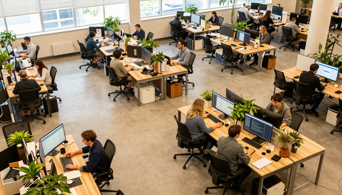 Aerial view of modern productive open-plan office