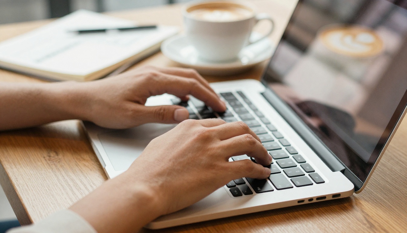 Close-up of hands typing on a laptop with coffee in a bright cafe