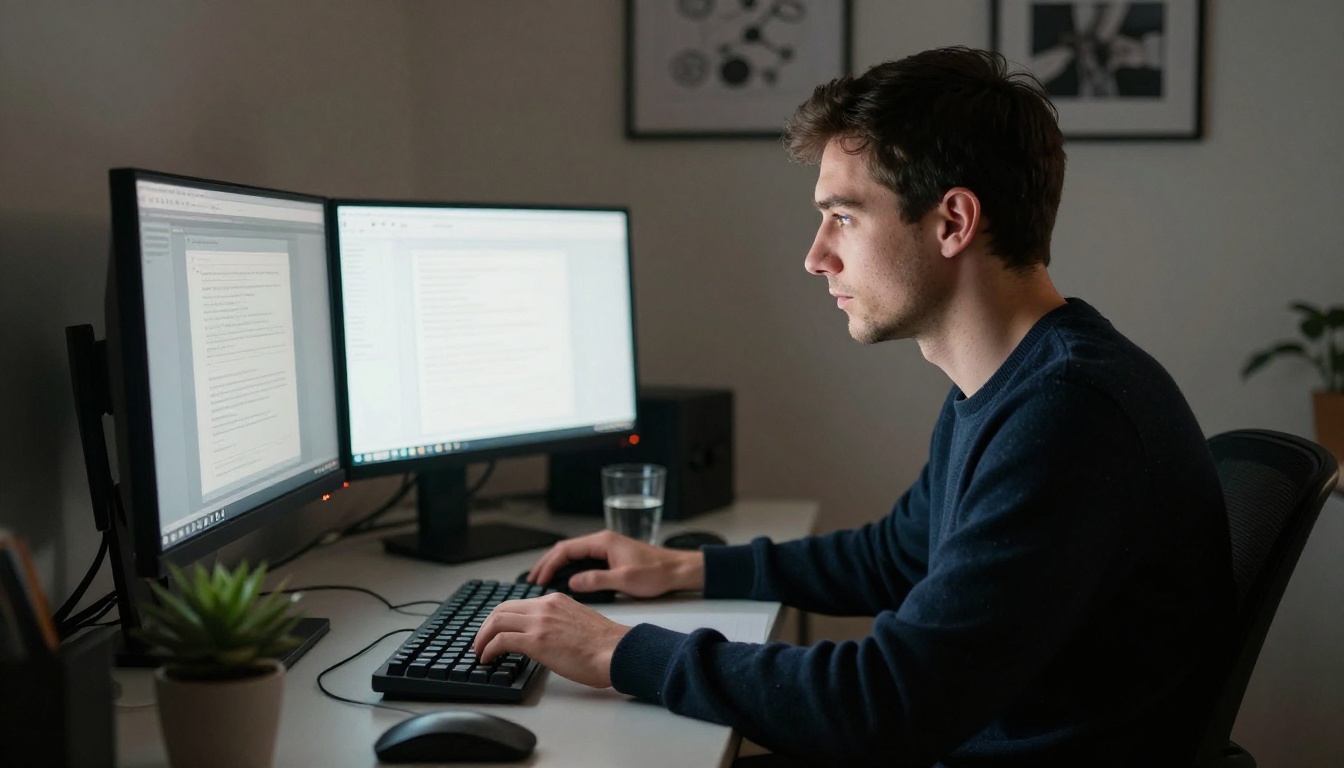 Side profile of a developer at a dual-monitor setup lit by screen glow at night